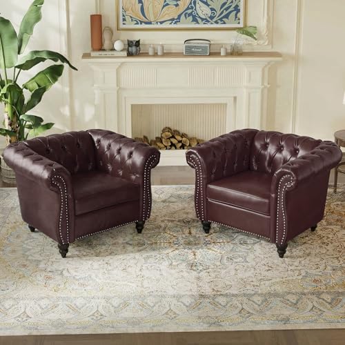 Chesterfield Faux Leather Accent Chairs Set of 2, Tufted Victorian Club Chair Single Sofa, Faux Leather Armchair with Nailhead Trim, Mid-Century Modern Couch Furniture for Living Room, Dark Brown