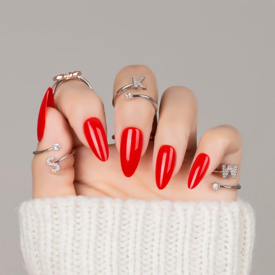 30Pcs Almond Press On Nails - Reusable Warm Red Fake Nails