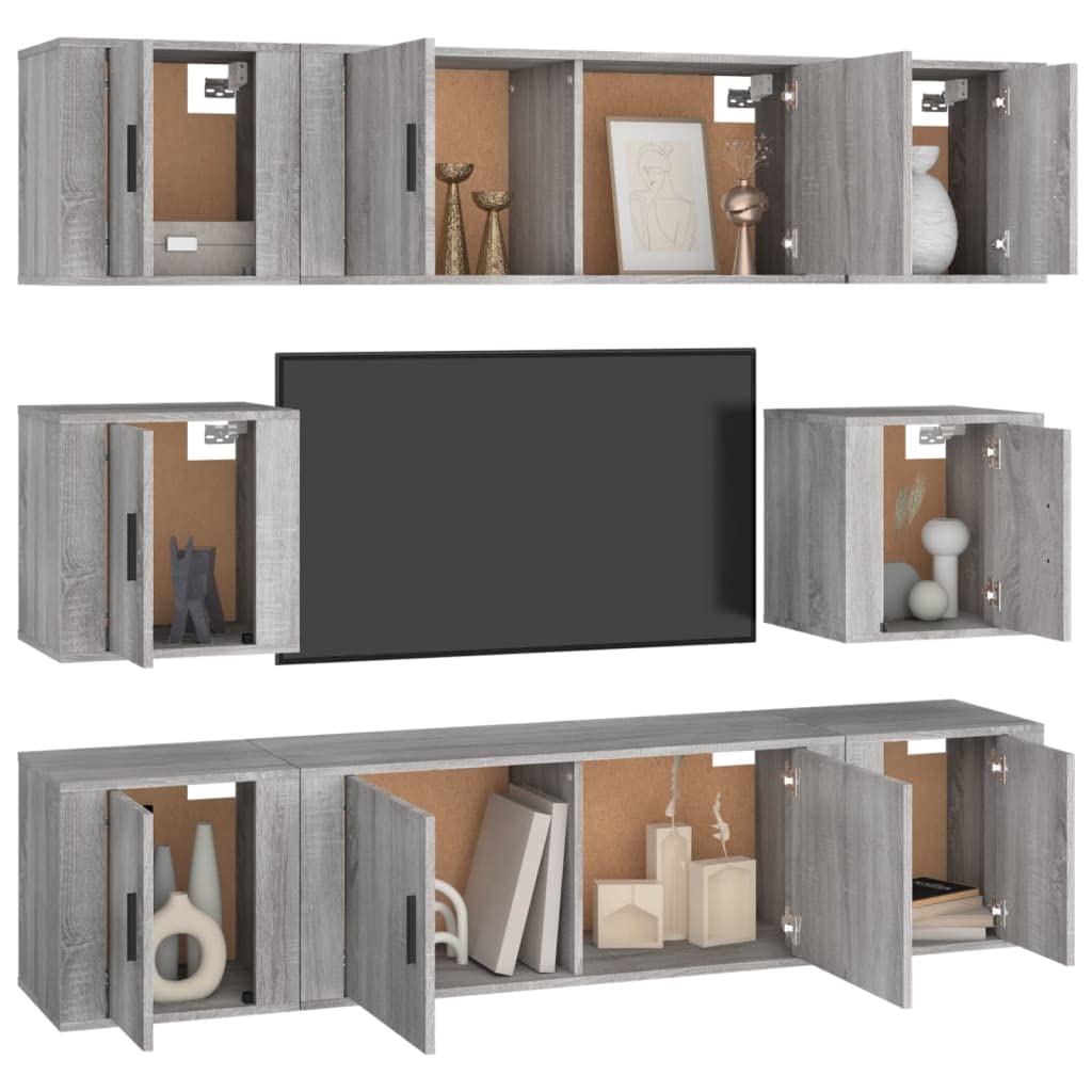 8-TLG. TV-Schrank-Set Grau Sonoma, Holzwerkstoff, 100/40 cm Breite, Wandmontage, Modernes Media-Center für Wohnzimmer, Viel Stauraum
