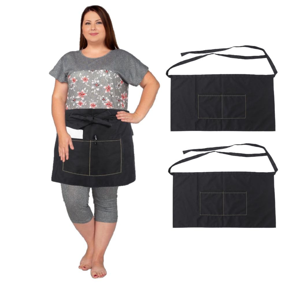 King Mills Unisex Waist/half Bistro Server Aprons With Pockets.plus Size Apron Xl Xxl Or Waist W40+,extra Large And Long Also Fits Big And Tall Men. Chef Or Waiter/waitress Apron.BKGD 2PK