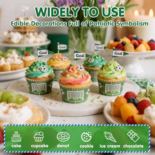 Image of Edible Soccer Sprinkles for Cake Decorating,Food Grade 130g,Baking Sprinkle Mix for Sports & Football Theme Party,Green Gold White Pearls and Jimmies with Soccer Wafer Paper Toppers,for Cupcakes,Ice Cream,Cookies,Donut,Cake Decorations,Match Viewing Events Birthday Celebration Supplies