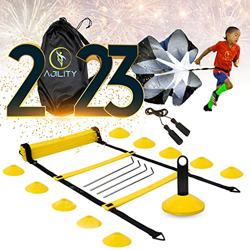 AJILITY Speed Training Kit | 20ft. Agility Ladder, Low-High Resistance Parachute, 10 Soccer Cones, Jump Rope & Carry Bag | Basketball, Football, Baseball, Softball & Soccer Training Equipment