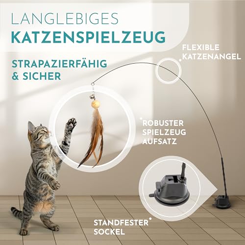 LENOK Katzenangel Spielzeug mit Saugnapf und Federn - Interaktives Katzenspielzeugset mit Vogelsimulation - Spielangel für Katzen - Lang – Bild 5