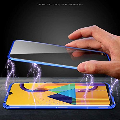 Image of shokproof Magnetic Metal Frame Bumper Glass Back Case Cover for Samsung Galaxy M31 - Blue