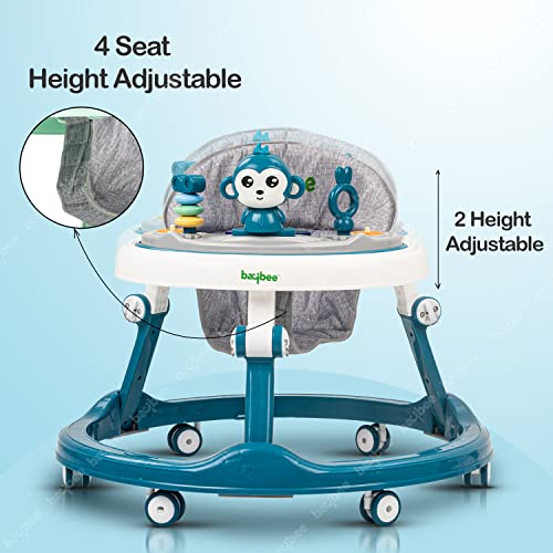 Image of Baybee Drono Baby Walker for Kids with 4-Level Height Adjustment, Foldable Design, Food Tray & Musical Toy Bar | Round Activity Walker for Babies 6-18 Months (Blue)