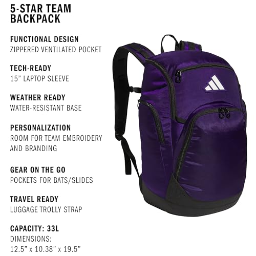 Image of adidas 5-Star Team 2 Backpack | Multi-Sport, Padded Laptop Sleeve, Organizer Pockets, Water-Bottle Pockets, Durable Build, School Gym & Travel Ready