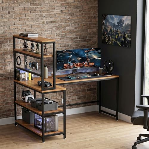 Image of L Shaped Computer Desk with Bookshelf | Gaming Table with Storage Shelves, Metal Frame, Monitor Stand, Organizer Hooks | Wooden Study Table for Home, Office & Work from Home | DIY.