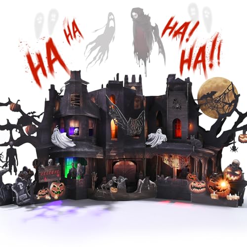 Image of Pop Up Halloween Card, Jumbo Musical Light Up Spooky Castle Card with Sound