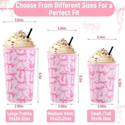 SiliFine 3 Pack Reusable Coquette Bow Sleeves for Iced Coffee Cup Neoprene Pink Coffee Sleeve Insulated Neoprene Cup Holder for Cold Beverages Iced Hot Drinks(Pink Bow) - Thumbnail 3