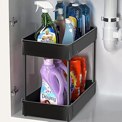 Lekesky Under Sink Storage Rack, 2 Tier Multi-Purpose Under Sink Organiser with Hooks & Stainless Steel Pipes for Kitchen and Bathroom, Countertop Collection Baskets Shelf, Black Cover
