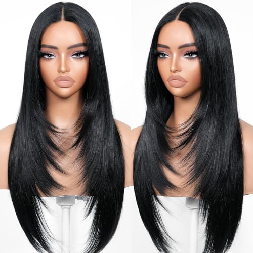 BrownBomb Black Wear and Go Glueless Wigs Pre Plucked Pre Cut for Beginners Long Layered Straight Synthetic Lace Front Wigs with bangs 26 Inch Natural 1B 3 Seconds to Wear for Beginners