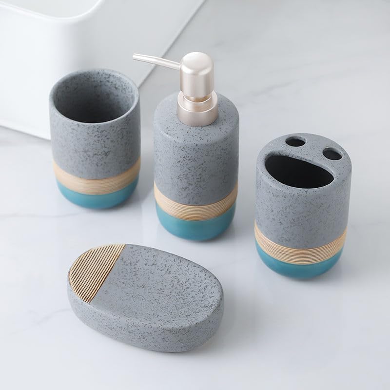 Image of The Better Home 4pcs Ceramic Bathroom Set | Soap Dispenser (380ML), 2 Toothbrush Holders & Soap Holder for Bathroom | Bathroom Accessories Items | Liquid Soap Dispenser for Bathroom