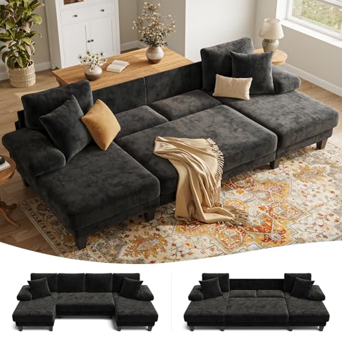Image of Txtin's Sleeper Sofa with Pull Out Couch Bed | 112 Inch Couches for Living Room | U-Shaped Convertible Sofa Bed | Chenille Black