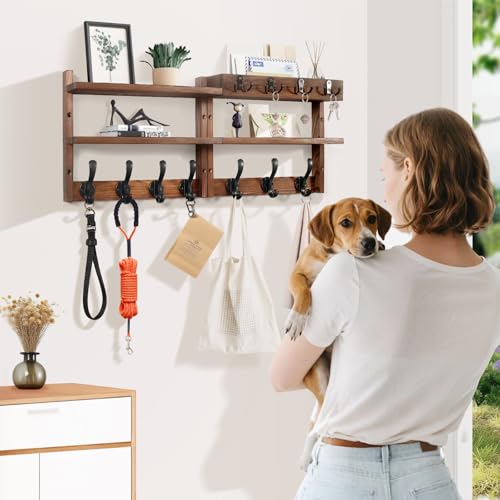 Image of 29 inch Coat Rack Wall Mount with Shelf, Pine Two-Tier Wall Shelf Mounted Coat and Key Hanger with 7 Heavy Duty Hooks 4 Key Hooks, Entryway Key Holder with Mail Holder for Bedroom,Living Room (Brown)