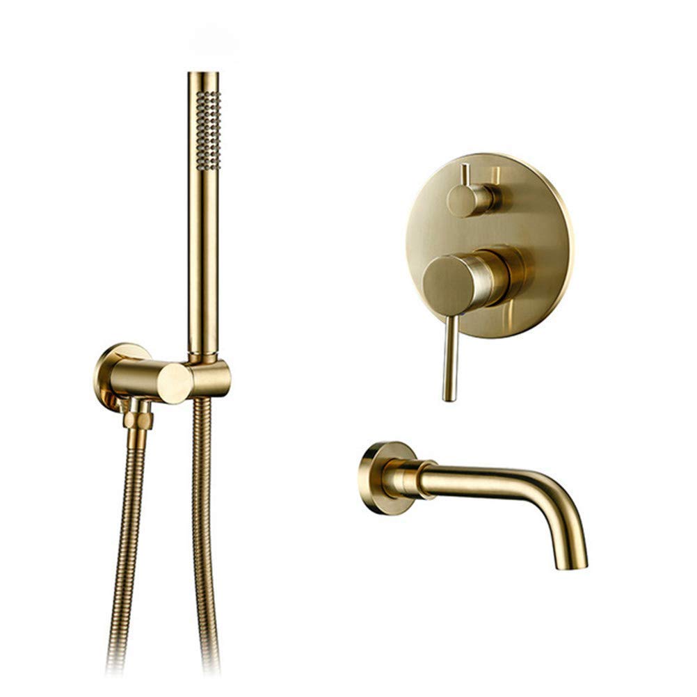 CWCQGH Brass Shower Mixer Gold Head Shower Mixer Swivel Spout Bath Faucet Wall Mounted Shower Arm Combo Set, Brushed Gold Shower Set