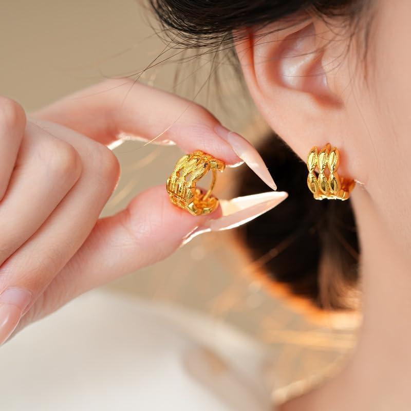 18K Gold Plated Textured Gold Huggie Hoop Earrings for Women – Small Chunky Hoops with Leaf Pattern Design – Lightweight Everyday Jewelry for Work, Parties & Gifts - Image 5