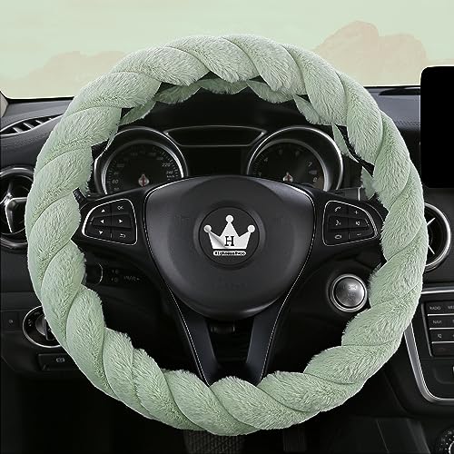HighnessHwoo Luxury Fluffy Winter Car Steering Wheel Cover for Women Soft Warm Plush Cute Auto Accessories for Vehicle, Sedan, Universal, Fuzzy, Anti Slip, Green, Standard Size, 14.75-15.15