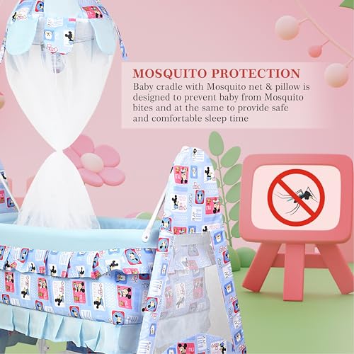Image of New Born Baby Soft Seat Cradle with Swing and Mosquito Net, Four Wheels with Brake Lock for Swing Cradle /Jhula /Palna /Bed /Baby Safe for 0-2 Years(Sky Blue)
