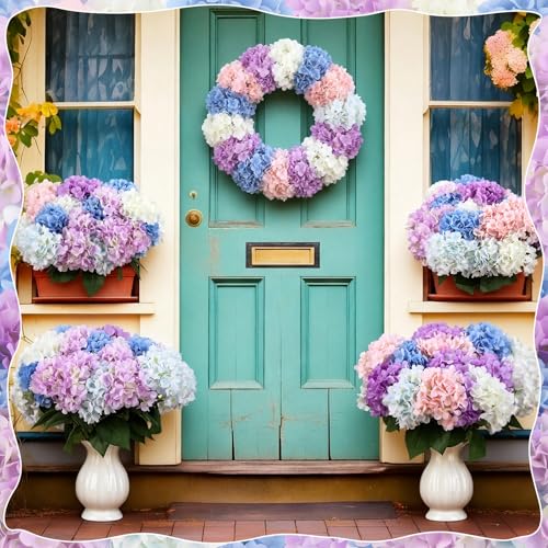 Image of Suncalla Multicolor 6 Bundles Hydrangea Artificial Flowers Bulk 30 Heads 20'' Faux Fake Hydrangea for Spring Graves Easter Decor Porch Indoor Outdoor Home Garden Wedding Table Centerpieces