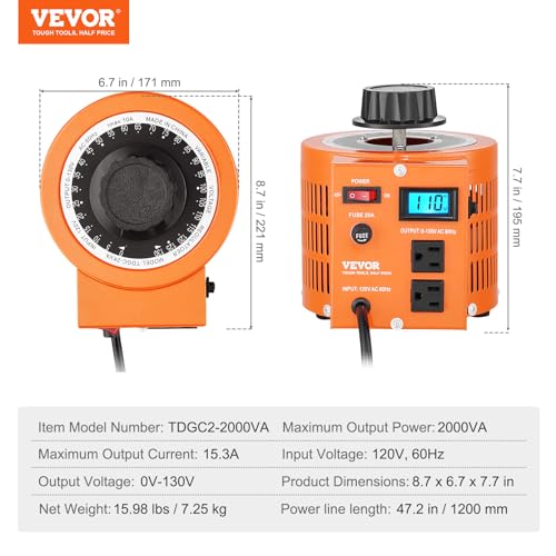vevor auto variable voltage transformer 2000va 153 amp 110v input 0-130v output ac voltage regulator with lcd display 4 extra fuses thermal control switch