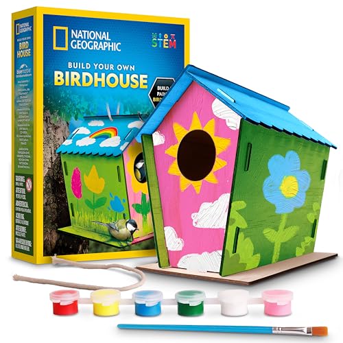 National Geographic Build Your Own Birdhouse Kit – DIY Wooden Birdhouse Craft with Paints, Brush, Bird-Watching Journal & Educational Poster for Kids, Bird House Craft