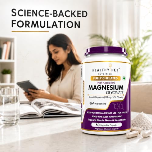 Image of HealthyHey Nutrition Magnesium Glycinate 14% Fully Chelated Supplement High Absorption for Sleep, Cramps, & Nerves Health - 60 Vegetable Capsules