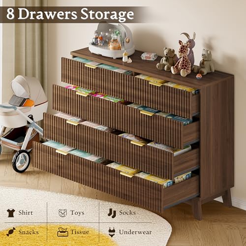 Image of BORNOON Fluted 8 Drawer Tall Dresser, 47.2 inch Wide Modern Boho Chest of Drawers, Wooden Storage Dresser TV Stand for Bedroom, Living Room, Closet, Hallway, Curved Profile Design
