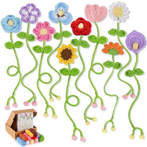 Image of Joyclub Crochet Kit for Beginners 10 Flower Bookmarks for Adults | Flower bookmark with video and written guidance; first projects and handmade gifts for crochet starter book lovers teacher