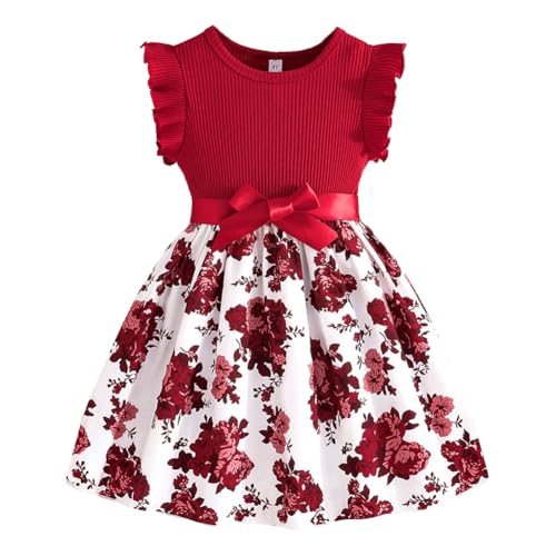 Valcatch Toddler Girls Floral Dress Ribbed Ruffle Sleeveless Casual Sundress Kids Summer Party Dress with Ribbon Belt 4-7 Y