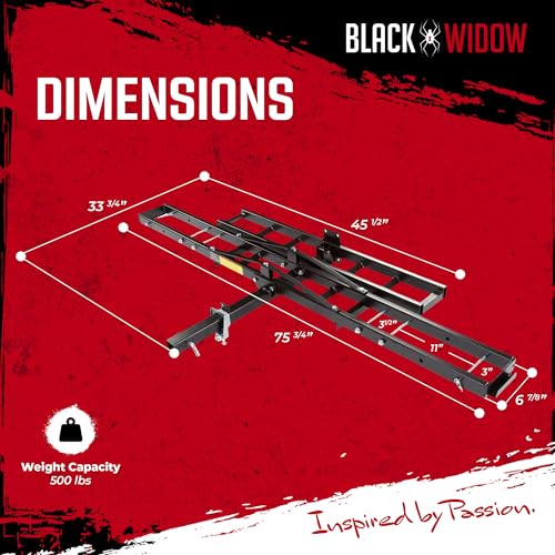 Image of Black Widow Steel Motorcycle Carrier with Ramp for 2-Inch Receiver, 500 lb Capacity - Hitch-Mounted Dirt Bike and Scooter Hauler with Grit-Coated Track and Anti-Rattle Device for SUVs and Trucks