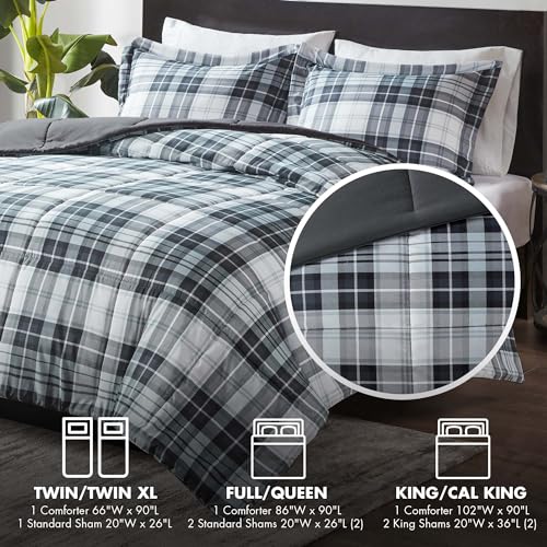 Image of Madison Park Essentials Parkston Plaid Comforter, Matching Sham, 3M Scotchguard Stain Release Cover, Hypoallergenic All Season Bedding-Set, King /California King, Black, 3 Piece
