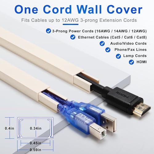 Image of ZhiYo 68 inch Cord Hider for 1 Cable, Small Beige Wire Covers, 0.6 inch W x 0.4 inch H