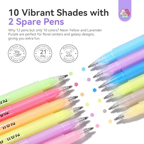Image of SAVILAND Nail Art Pens Set: 12 Colors Quick-Drying Ballpoint 3D Nail Polish Pens Paint Markers for Nail Art Painting, Dotting, Liner & Detailing Design, Beginner-Friendly DIY Manicure Tools Kit
