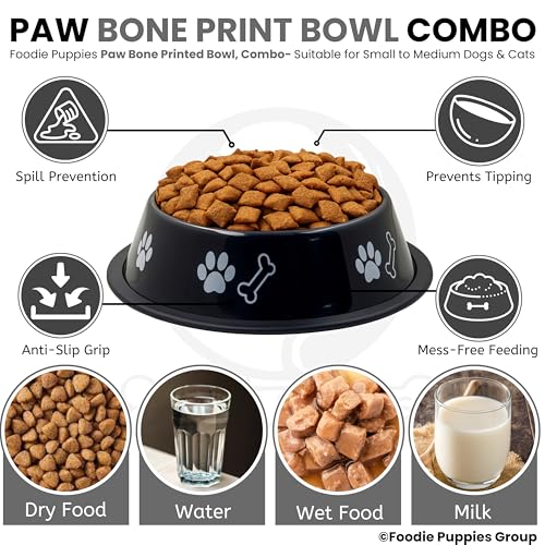 Image of Foodie Puppies Stainless Steel Dog Bowl Combo - (Medium, 700ml) Food and Water Feeding Gift Bowl | Suitable for Dogs, Cats and Other Pets I Paw Bone Print, Anti-Skid Rubber Base (Black + Blue)