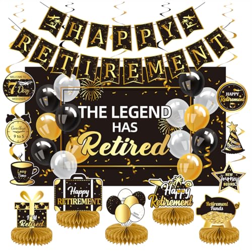 Happy Retirement Party Decorations Men Women, Black and Gold Retirement Party Decorations, Happy Banner, Backdrop, Hanging Swirls, Honeycomb Centerpiece