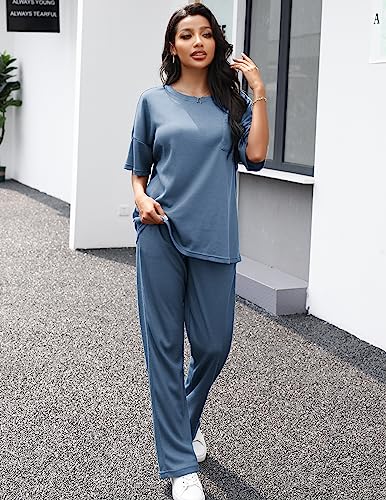 Image of JiniGolla Womens Pajama Sets Waffle Knit Short Sleeve Shirt with Long Pajama Pants Soft Sleepwear Pj Lounge Sets