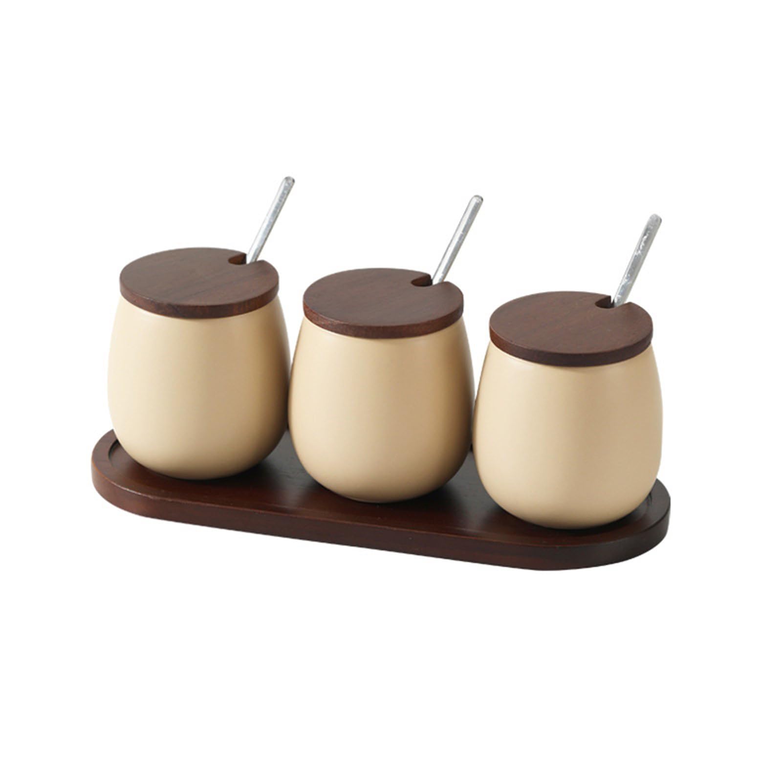 Tsophreniq Contemporary Ceramic Seasoning Jars Set of 3 with Wooden Lid Multipurpose Condiment Storage Container for Countertops Ceramic Jars