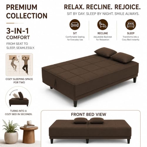 Image of Adorn India Alyssum 3 Seater Sofa Cum Bed 4X6 Velvet 2 Cushions (Color Brown) and Suitable for All Indoor, with 3 Years Warranty