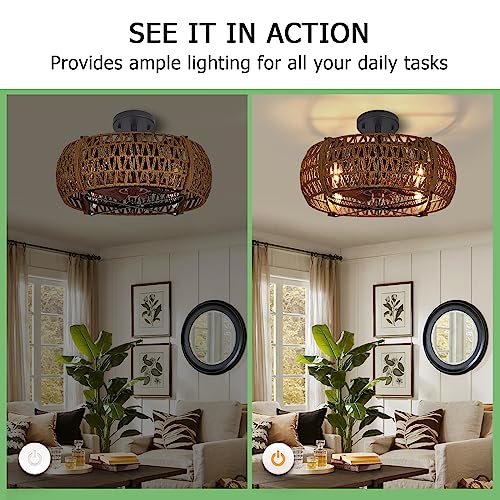 Sadenicel Farmhouse Caged Ceiling Fan With Lights Remote Control, 17 Inch Low Profile Bedroom Ceiling Fans, Rustic Ceiling Fans For Kitchen, Bedroom, Dining Room (Antique Wood-Eb) #TOP2