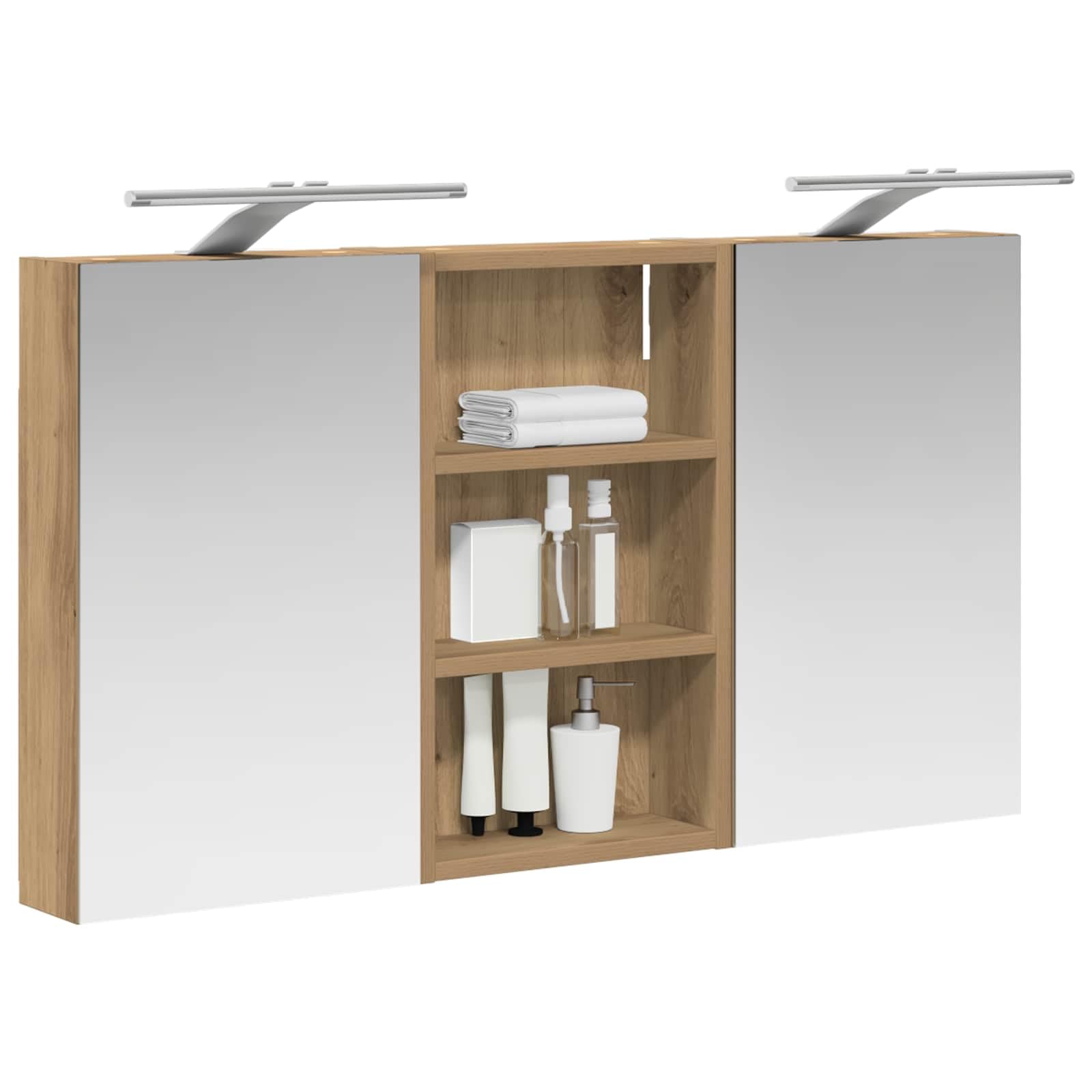 Set di armadietti da bagno in legno, 3 pezzi, 90 x 10,5 x 50 cm, con montaggio a parete e illuminazione a LED, specchio bidirezionale, con ripiani, salvaspazio per mobili da bagno e