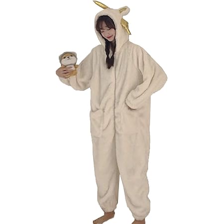Jinpin 着ぐるみ パジャマ ルームウェア 着ぐるみパジャマ オールインワン レディース 大人用着ぐるみ ナイトウェア 部屋着 スリップウェア 寝間着 仮装 着る毛布 かわいい 長袖 前開き フッド もこもこ 秋冬 牛 ロング 男女兼用 ホワイト ｆ パジャマ ルームウェア