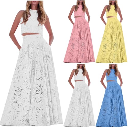 HGps8w Womens 2 Piece Outfits Boho Lace Hollow Crop Halter Tank Top with Maxi Skirts Trendy Vacation Sets with Pockets2