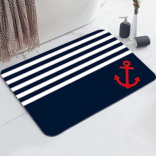 YISUMEI Nautical Stripe Anchor Bathroom Mat, Non-Slip Super Absorption Bath Carpet with Rubber Backing