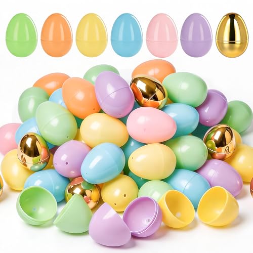MGparty 56 Pack Pastel Easter Eggs with Gold Eggs 2.3 Empty Plastic Egg with Hinge for Easter Egg Hunt Party Favors Basket Stuffers Fillers