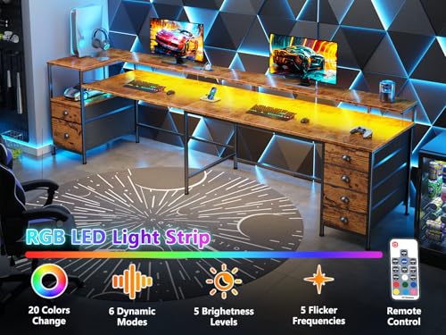 Image of Furologee 95 inch Two Person Computer Gaming Desk, Long 2 Person Home Office Desk with 6 Drawers & Storage Shelves, Double Table with Power Outlets, LED Lights and Full Monitor Shelf, Rustic Brown