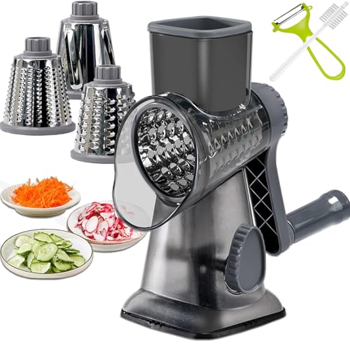 Dachenus Cheese Grater Rotary Cheese Grater,Versatile Cheese Shredder,Blades for Shredding, Grating, Slicing,Cheese Shredder with Suction Base and Cleaning Brush Kitchen Gift (gray)
