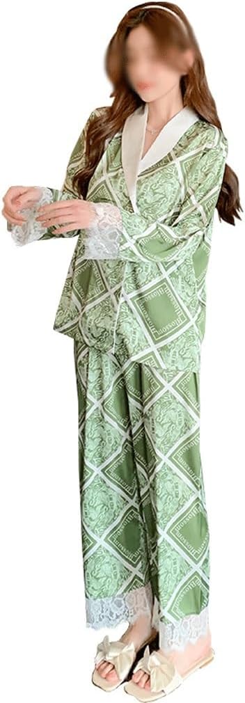 JSEIAJB Spring and Autumn Leisure Pajamas Women Long Sleeve Trousers Pajamas Set Thin Home Wear(Large)