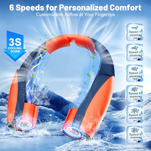 Image of AI Portable Neck Fan with 6 Powerful Speeds, 8000mAh Battery Operated USB-C Rechargeable Fan, Hands-Free 360 Cooling Neck Fan,Ultra-Quiet Personal Fan for Women Men Office Travel(Orange-Blue)