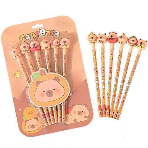 Image of FunBlast Capybara Pencils with Cute Erasers on Top - Pack of 6 Cartoon Pencil for Kid with 3D Kawaii Topper, Writing Drawing Tools for Kids, Birthday Return Gift for Kids (B)