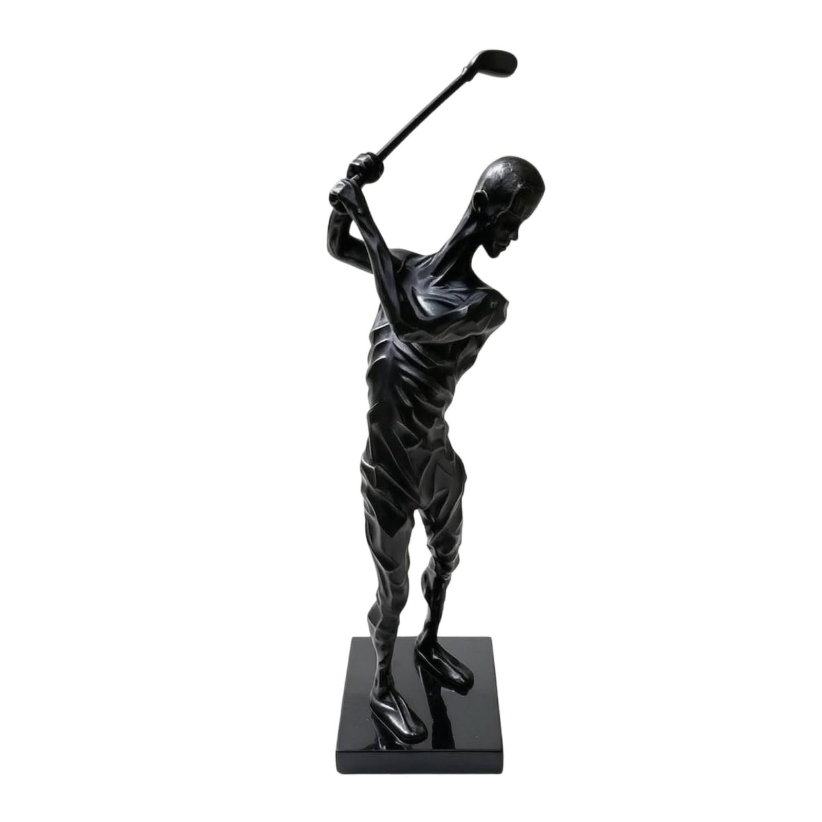 Golf Trophäe Skulptur Figur Stilisierte Golfer Pose Im Schwung mit Reflektierender Oberfläche Und Quadratischem Sockel, Schwarz Gesprüht, Modern Minimalistisch